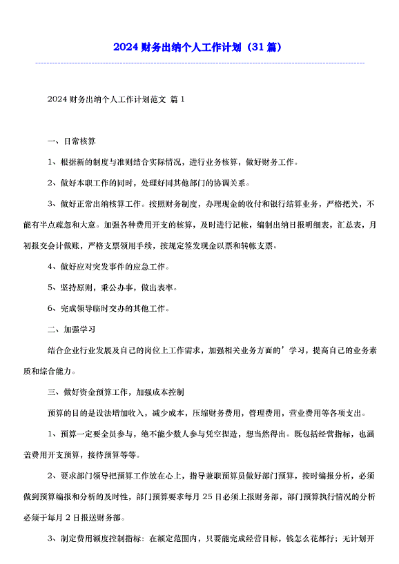 2024財務出納個人工作計劃（31篇）